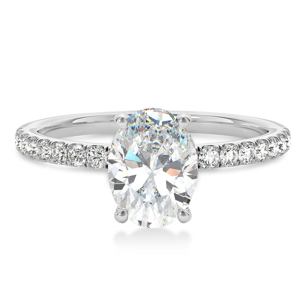 Oval Moissanite & Diamond Single Row Hidden Halo Engagement Ring 14k White Gold (0.68ct)
