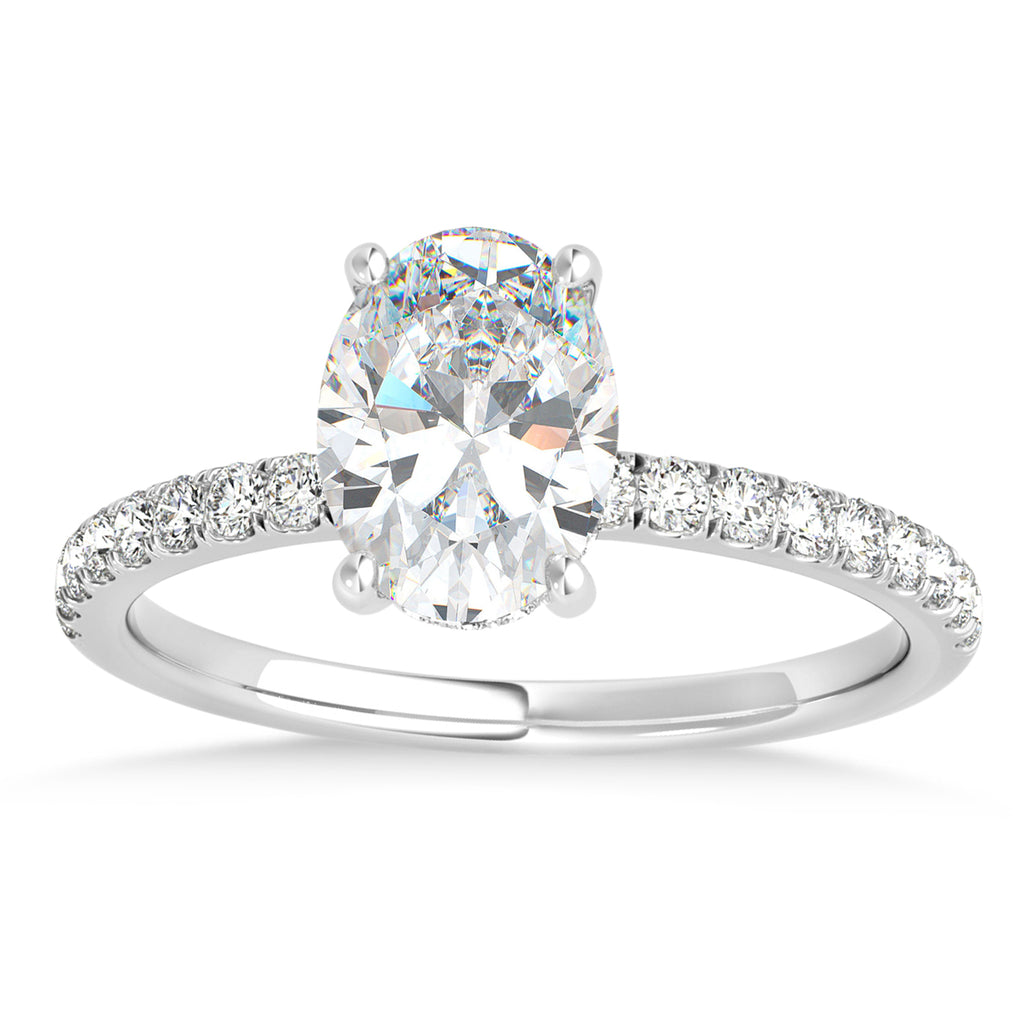 Oval Moissanite & Diamond Single Row Hidden Halo Engagement Ring 14k White Gold (0.68ct)