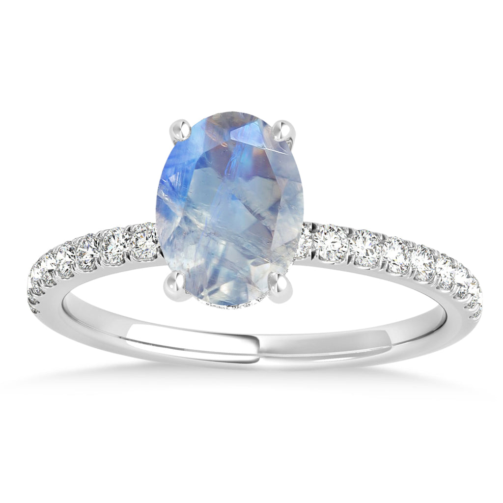 Oval Moonstone & Diamond Single Row Hidden Halo Engagement Ring 14k White Gold (0.68ct)