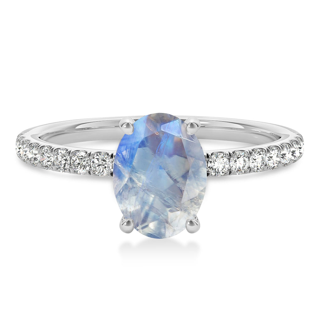 Oval Moonstone & Diamond Single Row Hidden Halo Engagement Ring 18k White Gold (0.68ct)