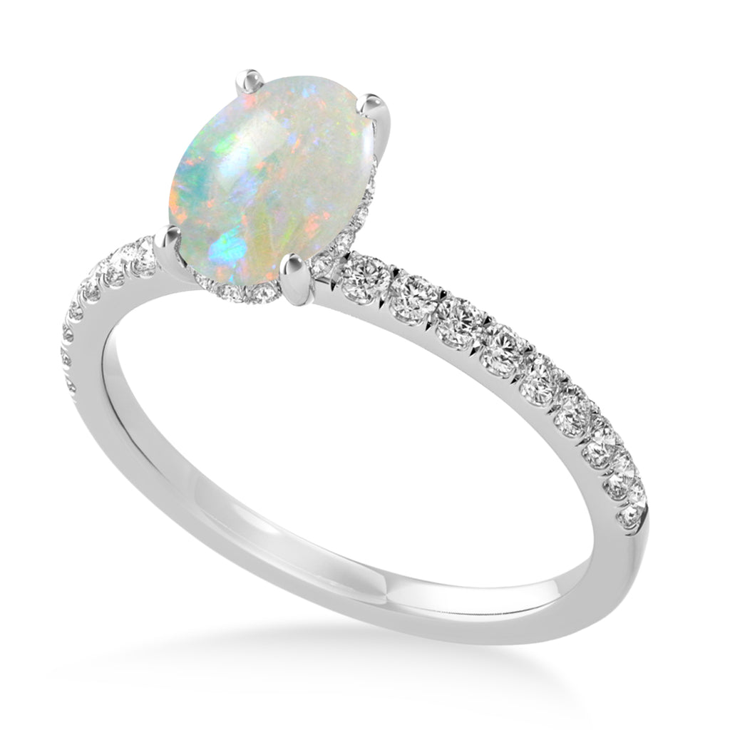 Oval Opal & Diamond Single Row Hidden Halo Engagement Ring 14k White Gold (0.68ct)