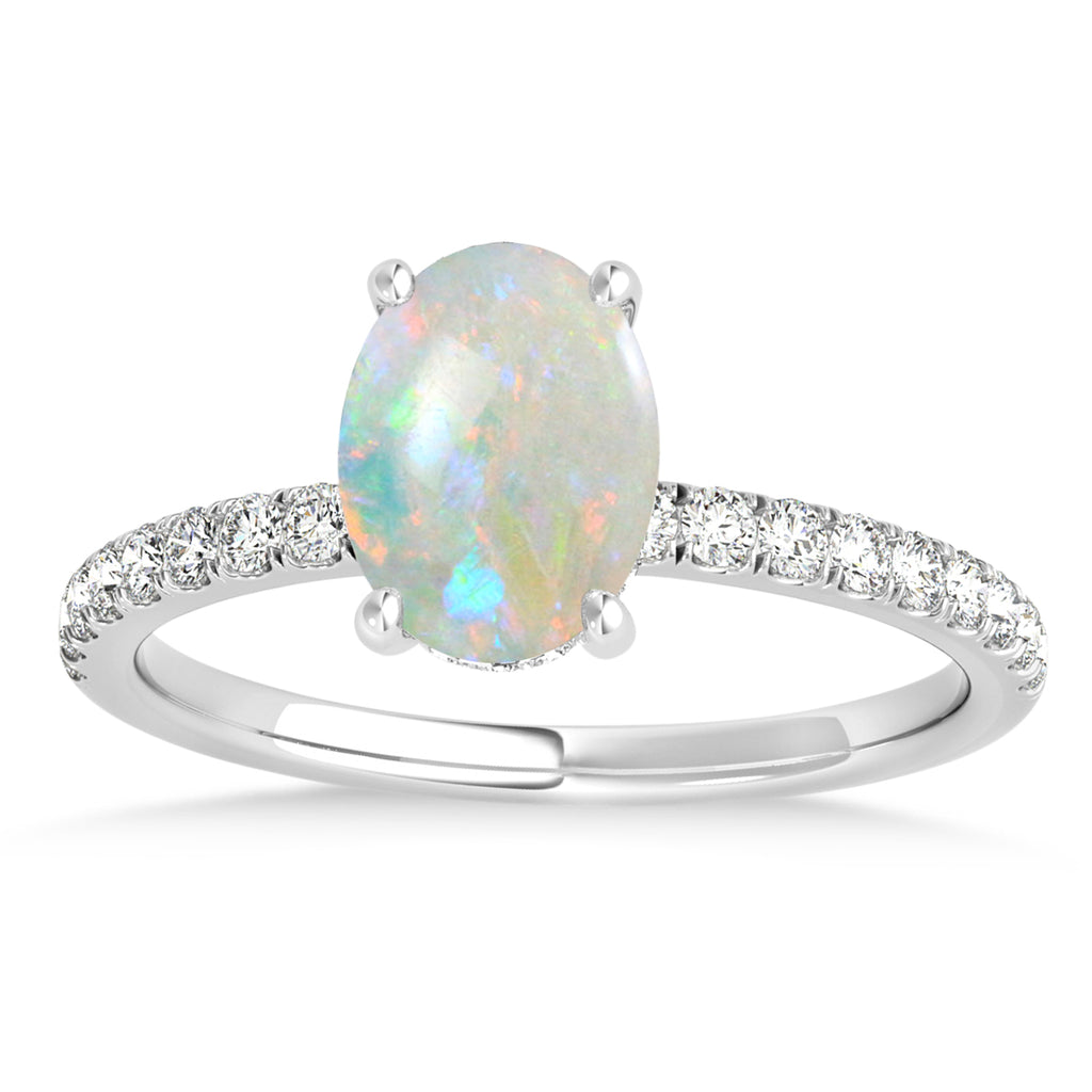 Oval Opal & Diamond Single Row Hidden Halo Engagement Ring 14k White Gold (0.68ct)