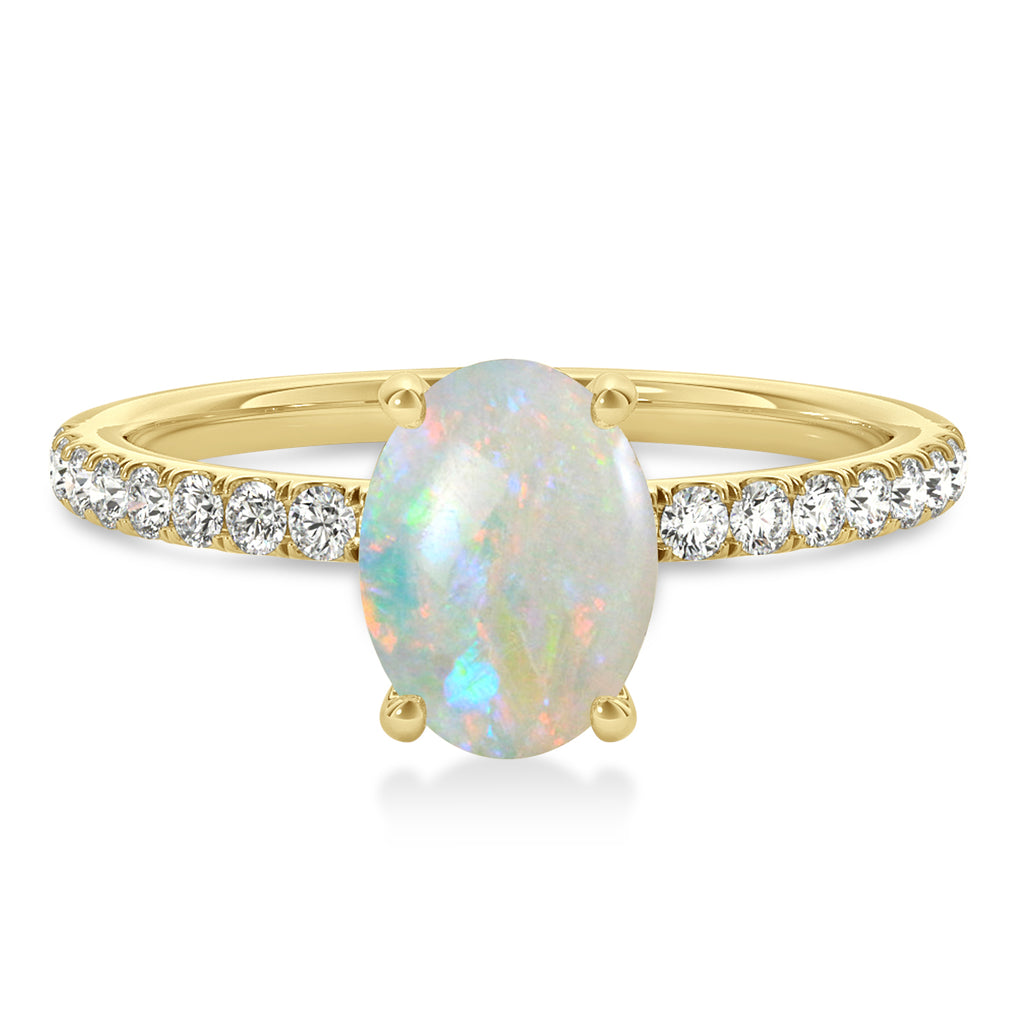 Oval Opal & Diamond Single Row Hidden Halo Engagement Ring 14k Yellow Gold (0.68ct)