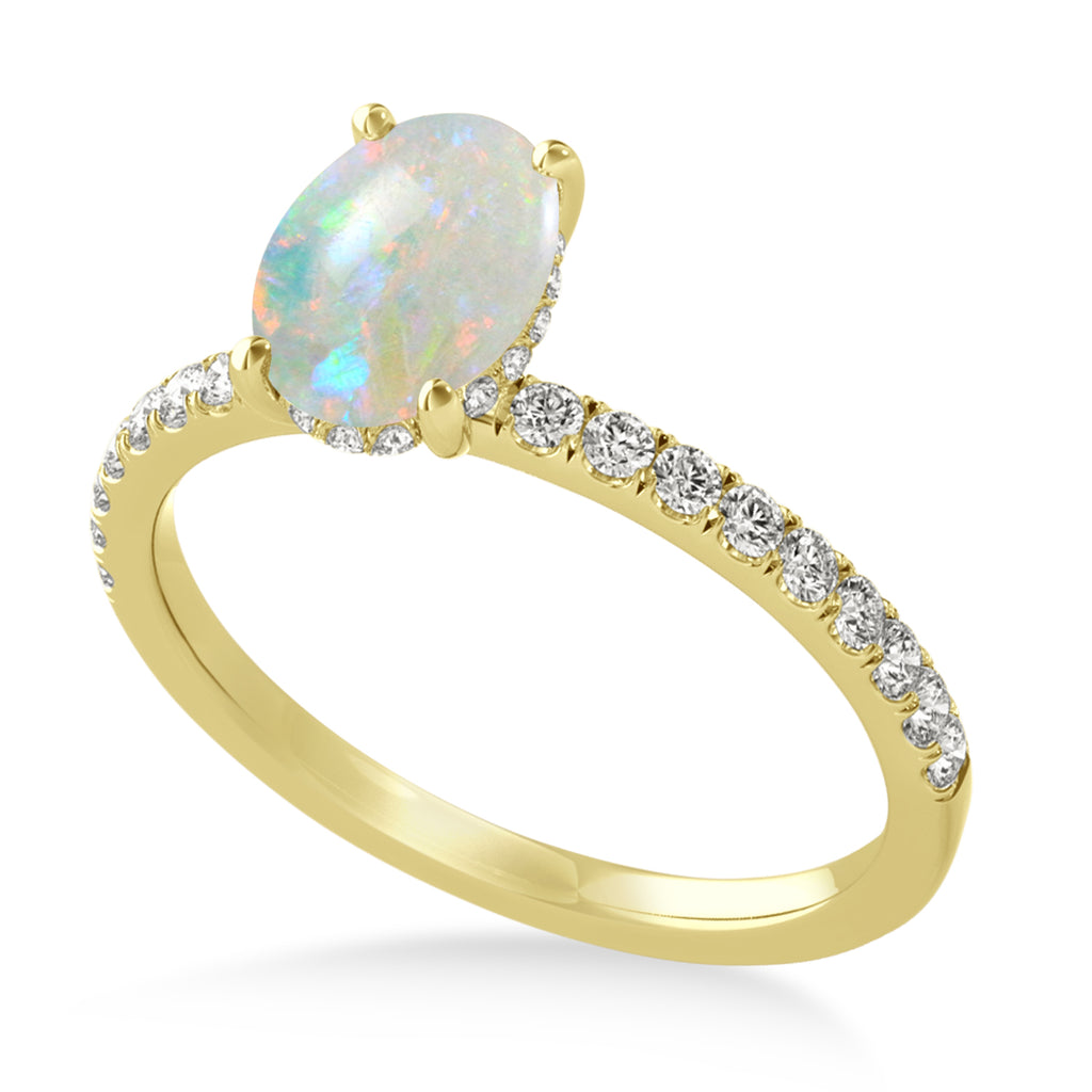 Oval Opal & Diamond Single Row Hidden Halo Engagement Ring 14k Yellow Gold (0.68ct)