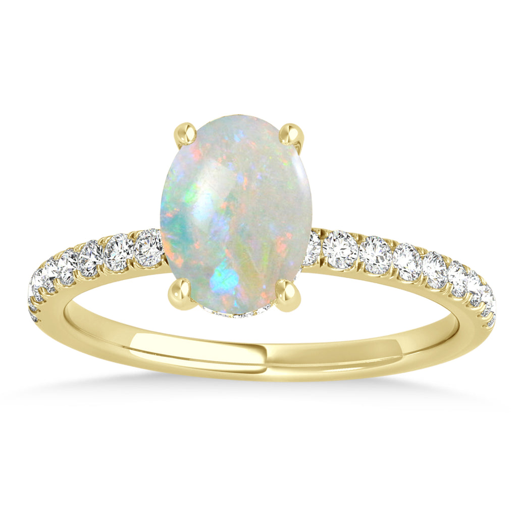 Oval Opal & Diamond Single Row Hidden Halo Engagement Ring 14k Yellow Gold (0.68ct)