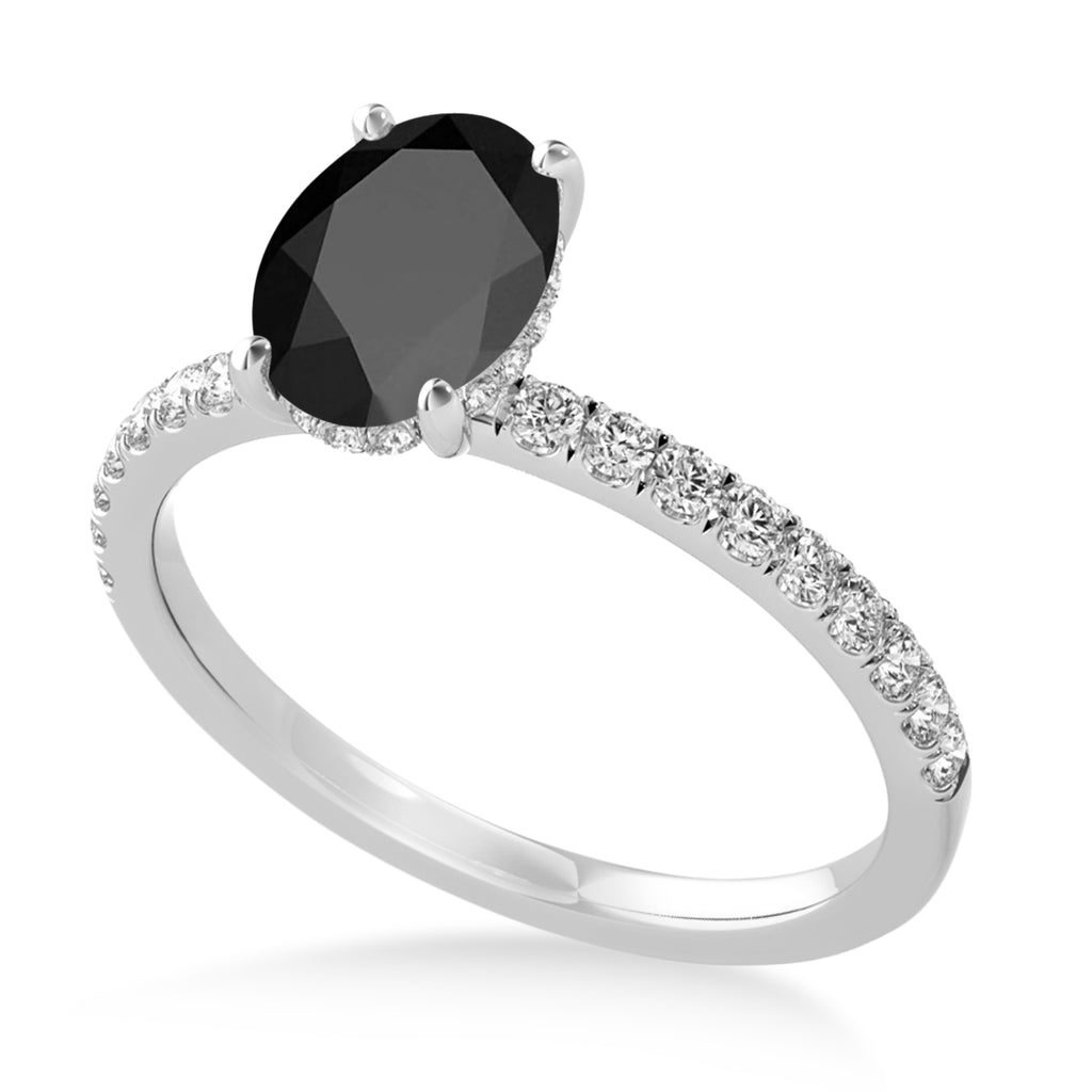 Oval Onyx & Diamond Single Row Hidden Halo Engagement Ring 14k White Gold (0.68ct)