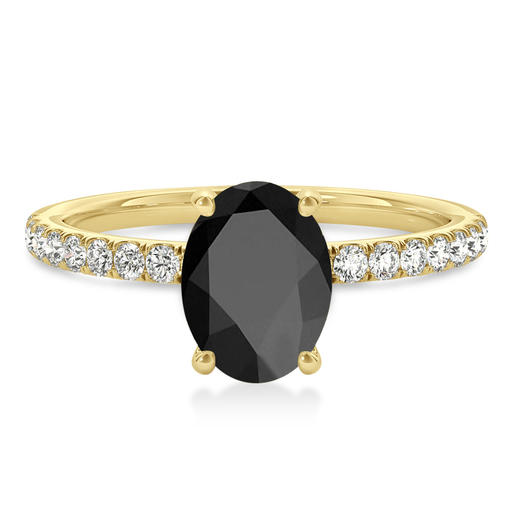 Oval Onyx & Diamond Single Row Hidden Halo Engagement Ring 14k Yellow Gold (0.68ct)