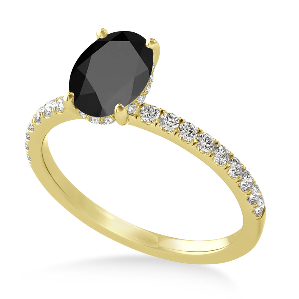 Oval Onyx & Diamond Single Row Hidden Halo Engagement Ring 14k Yellow Gold (0.68ct)