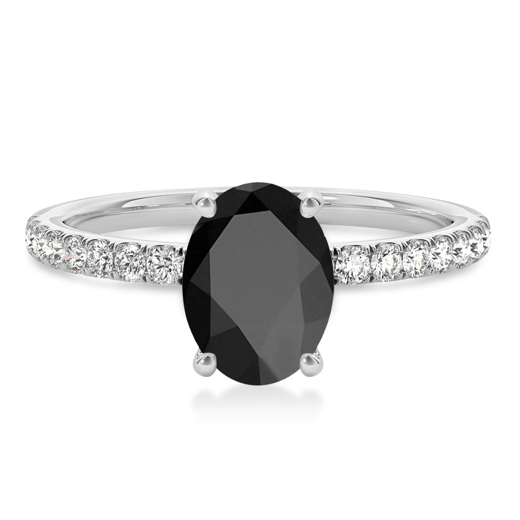 Oval Onyx & Diamond Single Row Hidden Halo Engagement Ring 18k White Gold (0.68ct)