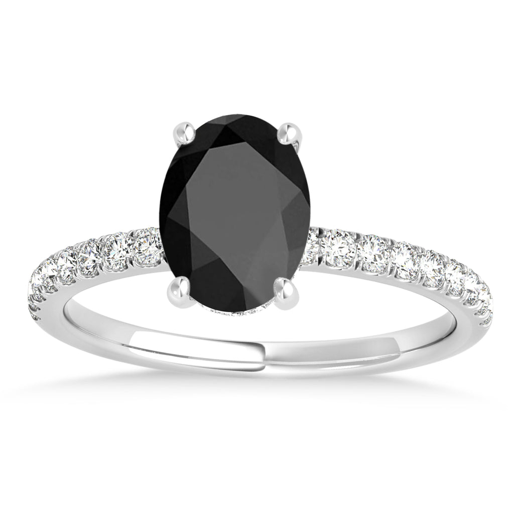 Oval Onyx & Diamond Single Row Hidden Halo Engagement Ring 18k White Gold (0.68ct)