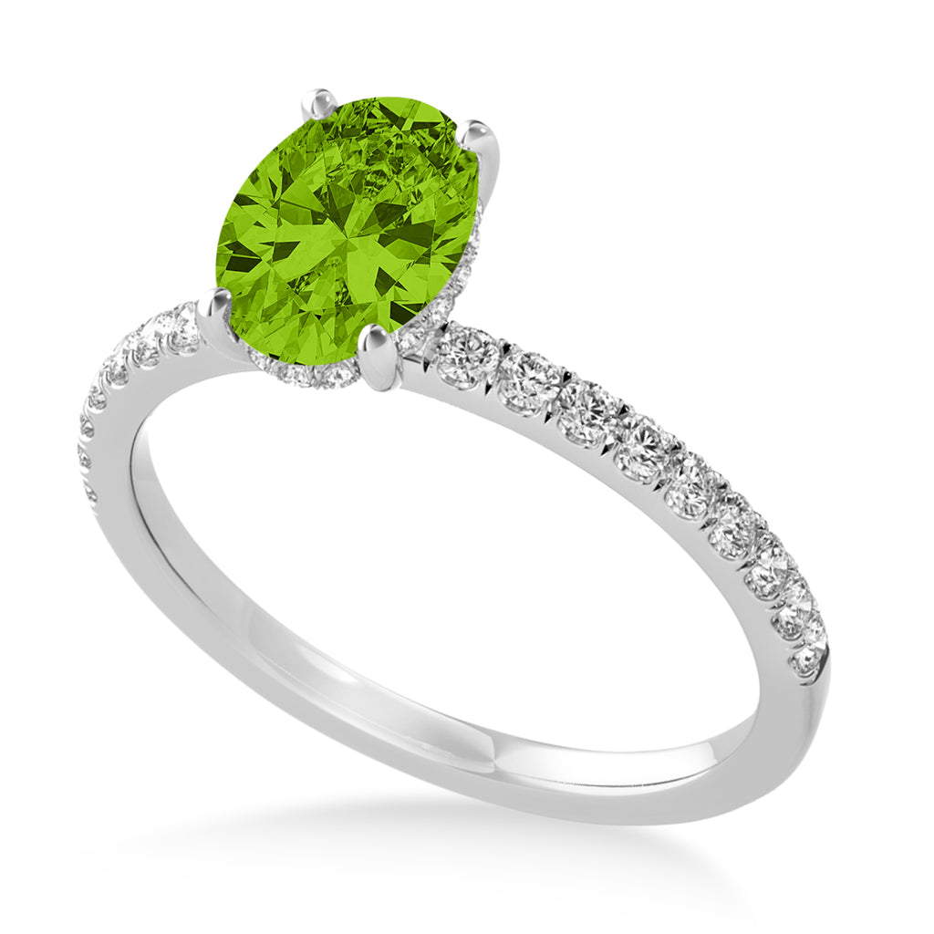 Oval Peridot & Diamond Single Row Hidden Halo Engagement Ring 14k White Gold (0.68ct)