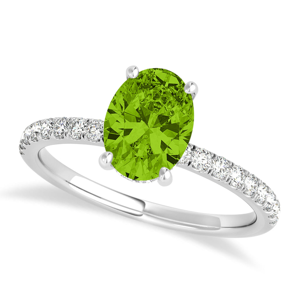 Oval Peridot & Diamond Single Row Hidden Halo Engagement Ring Palladium (0.68ct)