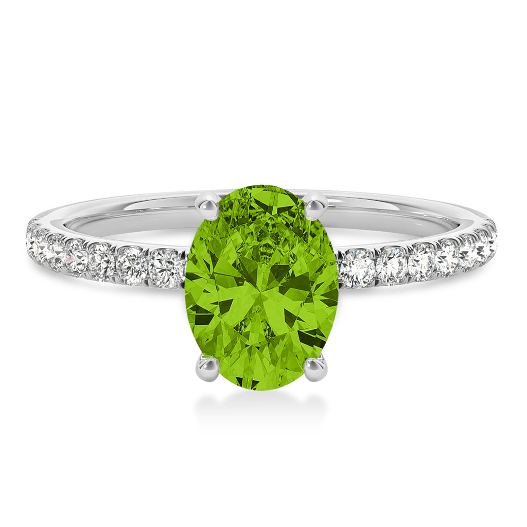 Oval Peridot & Diamond Single Row Hidden Halo Engagement Ring Palladium (0.68ct)