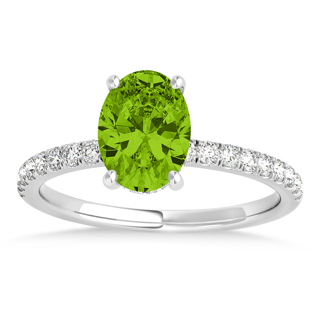 Oval Peridot & Diamond Single Row Hidden Halo Engagement Ring Palladium (0.68ct)