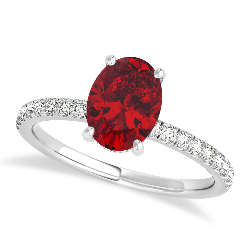 Oval Ruby & Diamond Single Row Hidden Halo Engagement Ring 14k White Gold (0.68ct)