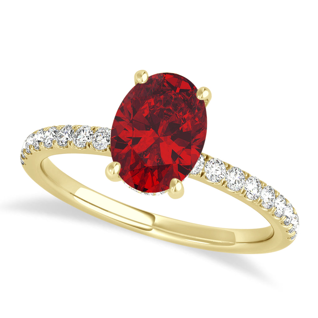 Oval Ruby & Diamond Single Row Hidden Halo Engagement Ring 14k Yellow Gold (0.68ct)