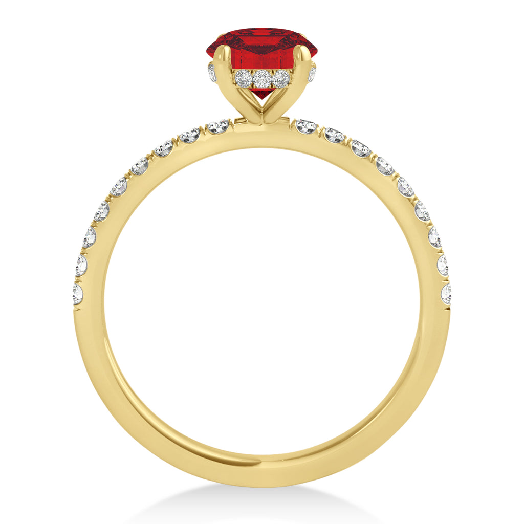 Oval Ruby & Diamond Single Row Hidden Halo Engagement Ring 14k Yellow Gold (0.68ct)