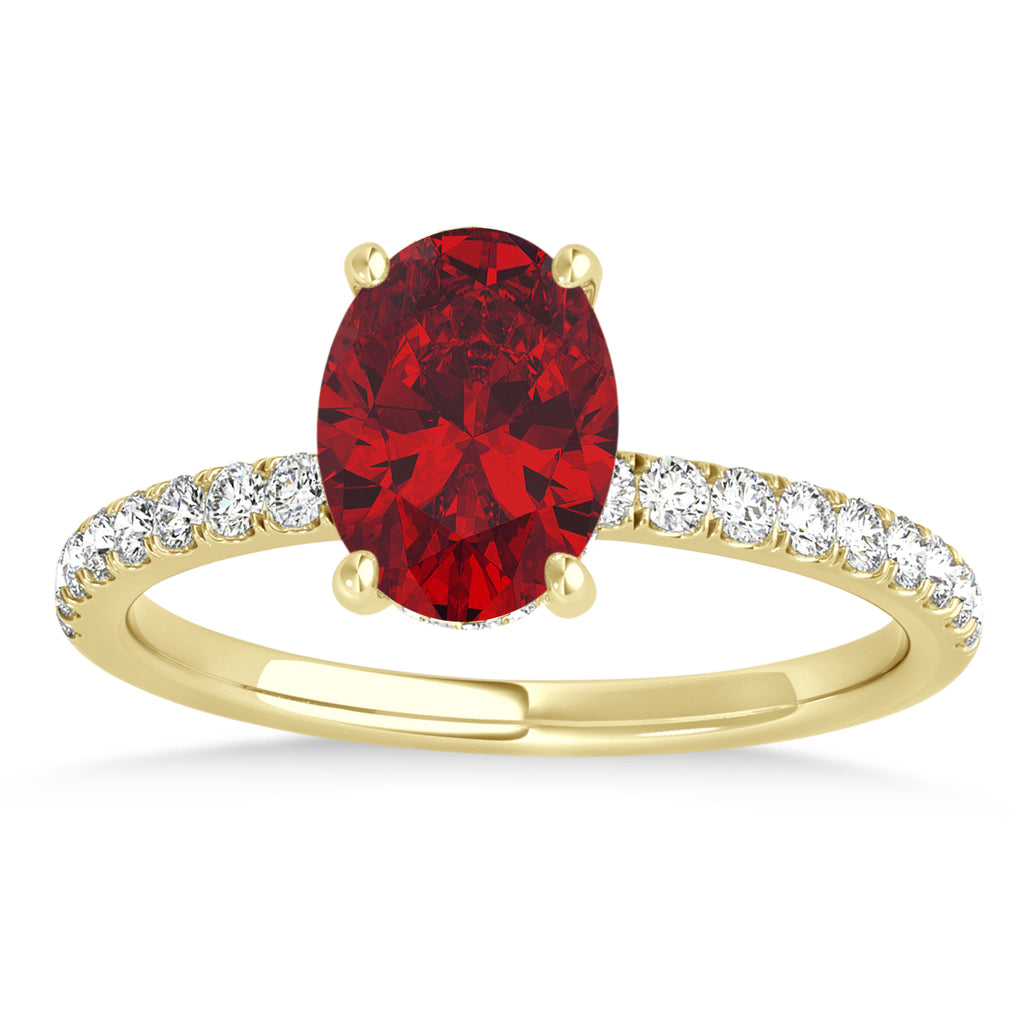 Oval Ruby & Diamond Single Row Hidden Halo Engagement Ring 14k Yellow Gold (0.68ct)