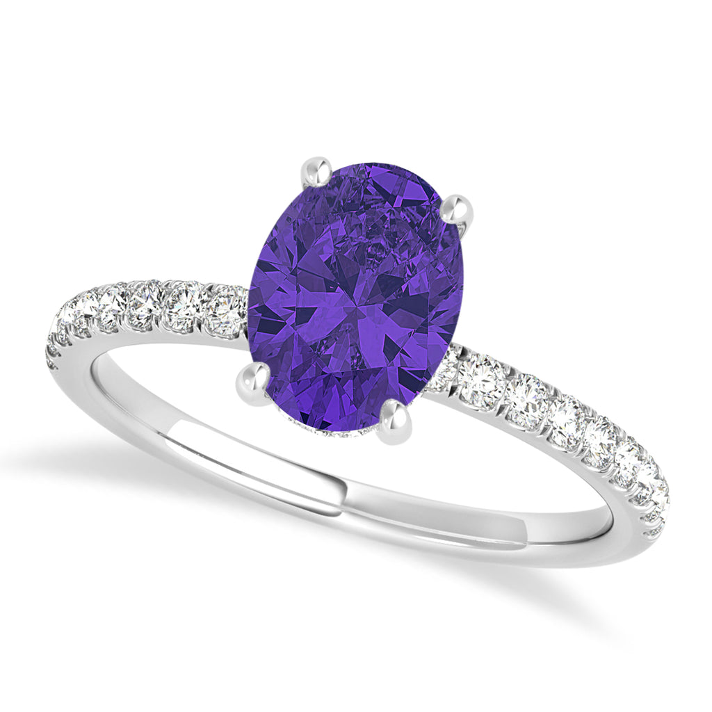 Oval Tanzanite & Diamond Single Row Hidden Halo Engagement Ring 14k White Gold (0.68ct)