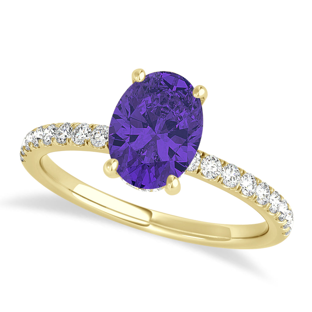 Oval Tanzanite & Diamond Single Row Hidden Halo Engagement Ring 14k Yellow Gold (0.68ct)