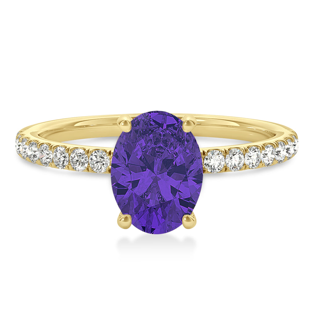 Oval Tanzanite & Diamond Single Row Hidden Halo Engagement Ring 14k Yellow Gold (0.68ct)