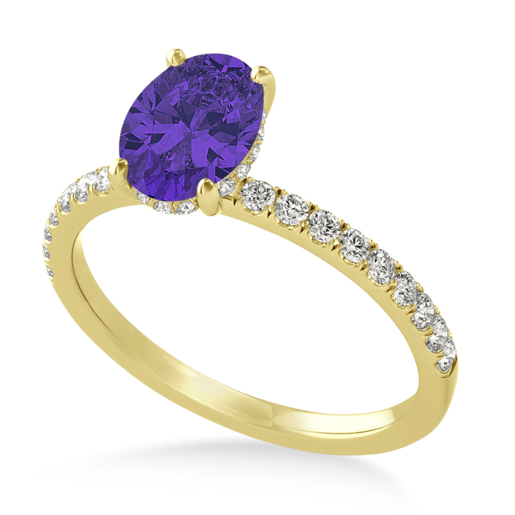 Oval Tanzanite & Diamond Single Row Hidden Halo Engagement Ring 14k Yellow Gold (0.68ct)