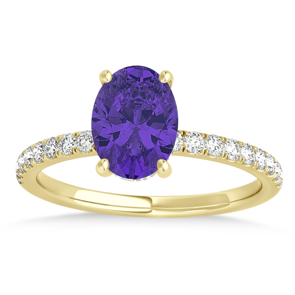 Oval Tanzanite & Diamond Single Row Hidden Halo Engagement Ring 14k Yellow Gold (0.68ct)