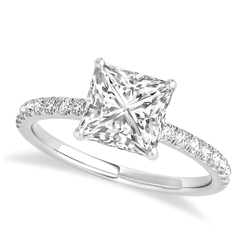 Princess Diamond Single Row Hidden Halo Engagement Ring 14k White Gold (0.81ct)