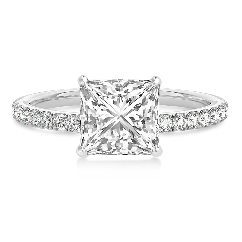 Princess Diamond Single Row Hidden Halo Engagement Ring 14k White Gold (0.81ct)
