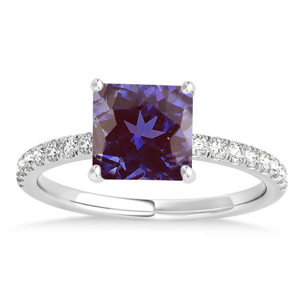 Princess Alexandrite & Diamond Single Row Hidden Halo Engagement Ring 14k White Gold (0.81ct)