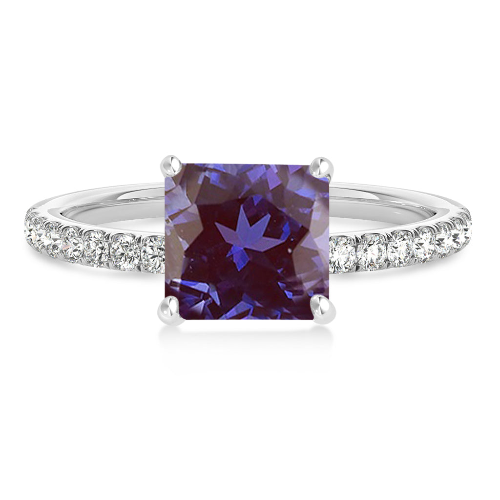 Princess Alexandrite & Diamond Single Row Hidden Halo Engagement Ring 18k White Gold (0.81ct)