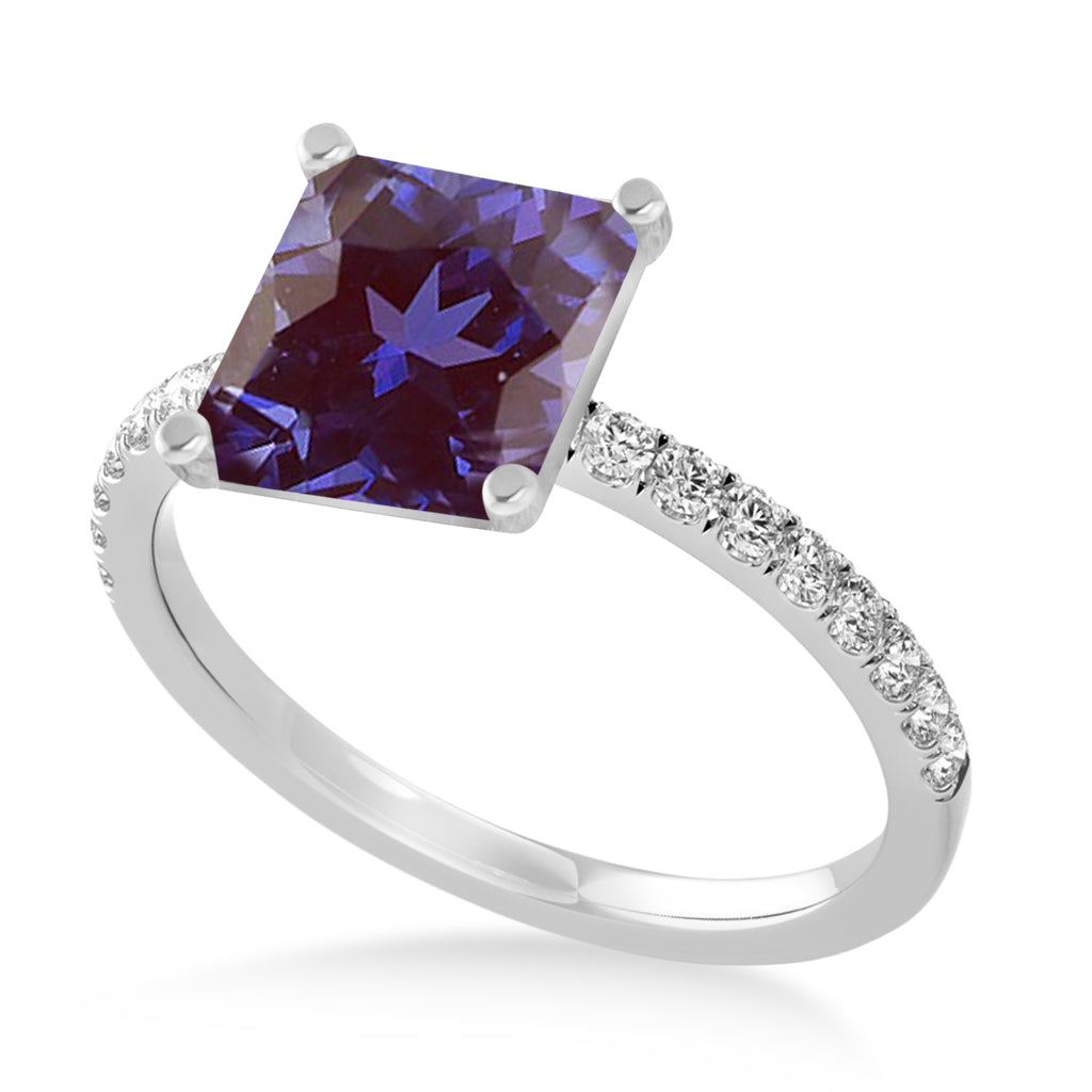 Princess Alexandrite & Diamond Single Row Hidden Halo Engagement Ring 18k White Gold (0.81ct)