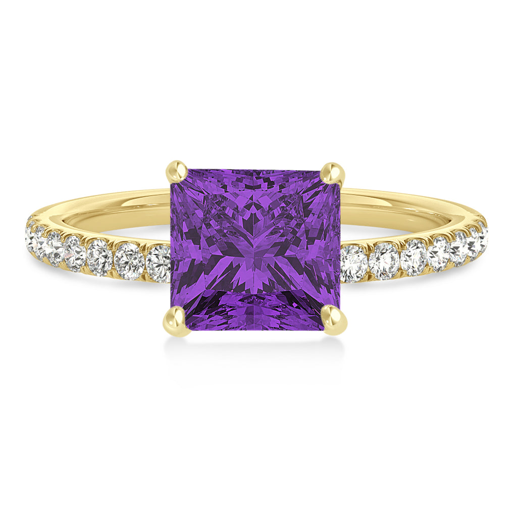 Princess Amethyst & Diamond Single Row Hidden Halo Engagement Ring 14k Yellow Gold (0.81ct)