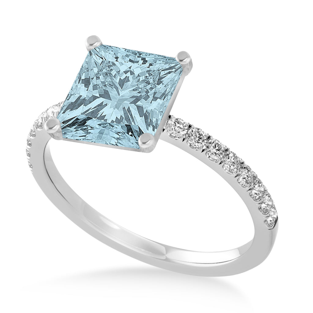 Princess Aquamarine & Diamond Single Row Hidden Halo Engagement Ring 14k White Gold (0.81ct)
