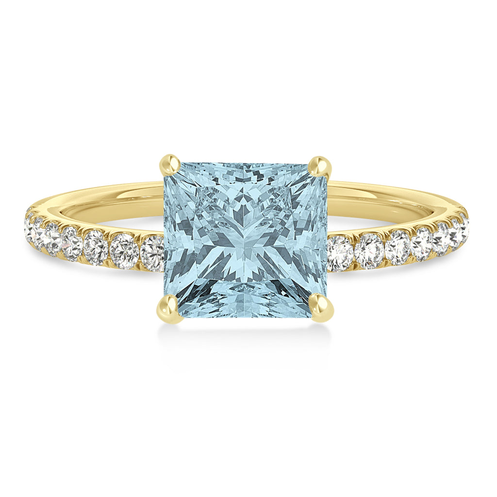 Princess Aquamarine & Diamond Single Row Hidden Halo Engagement Ring 14k Yellow Gold (0.81ct)