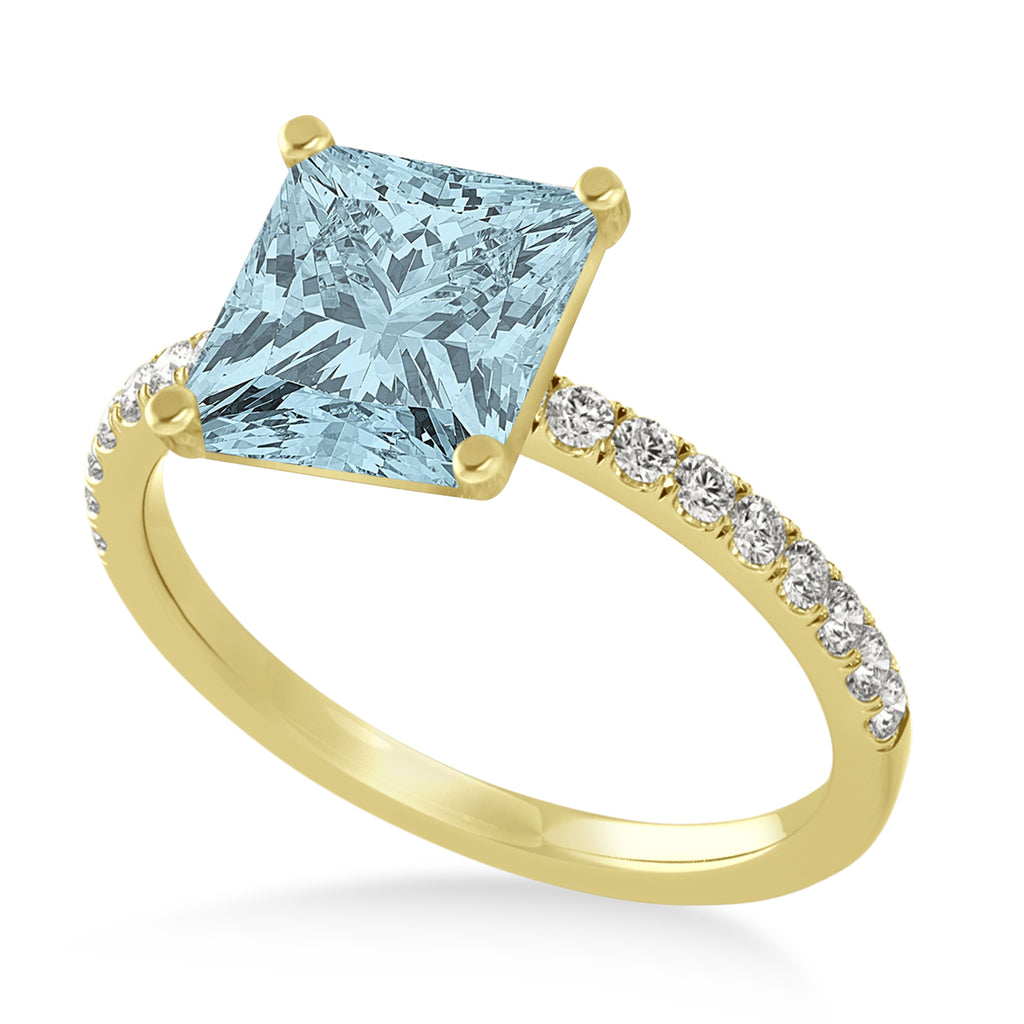 Princess Aquamarine & Diamond Single Row Hidden Halo Engagement Ring 14k Yellow Gold (0.81ct)