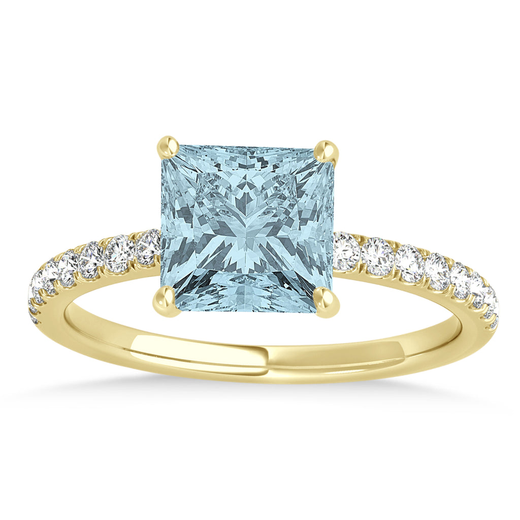 Princess Aquamarine & Diamond Single Row Hidden Halo Engagement Ring 14k Yellow Gold (0.81ct)