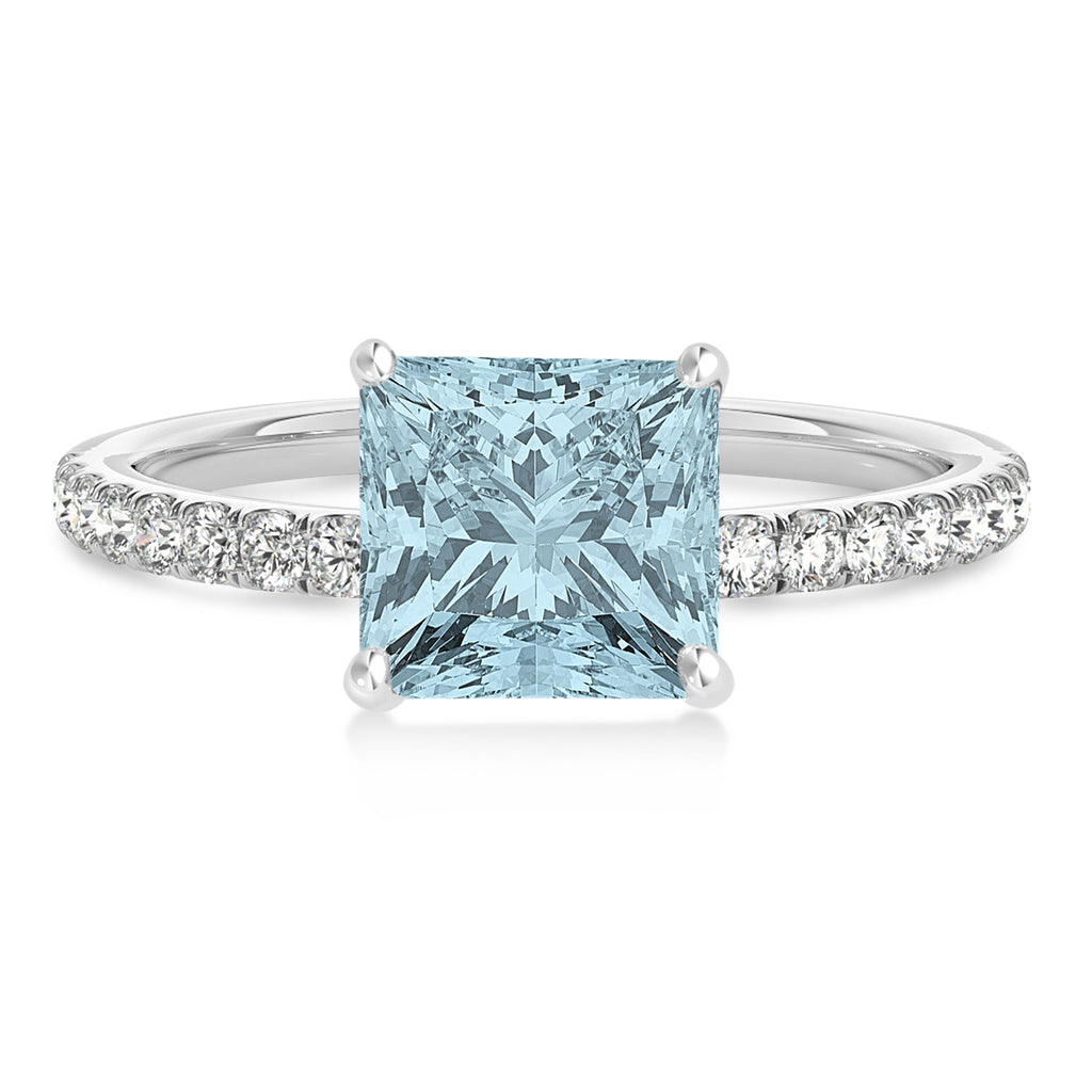 Princess Aquamarine & Diamond Single Row Hidden Halo Engagement Ring 18k White Gold (0.81ct)