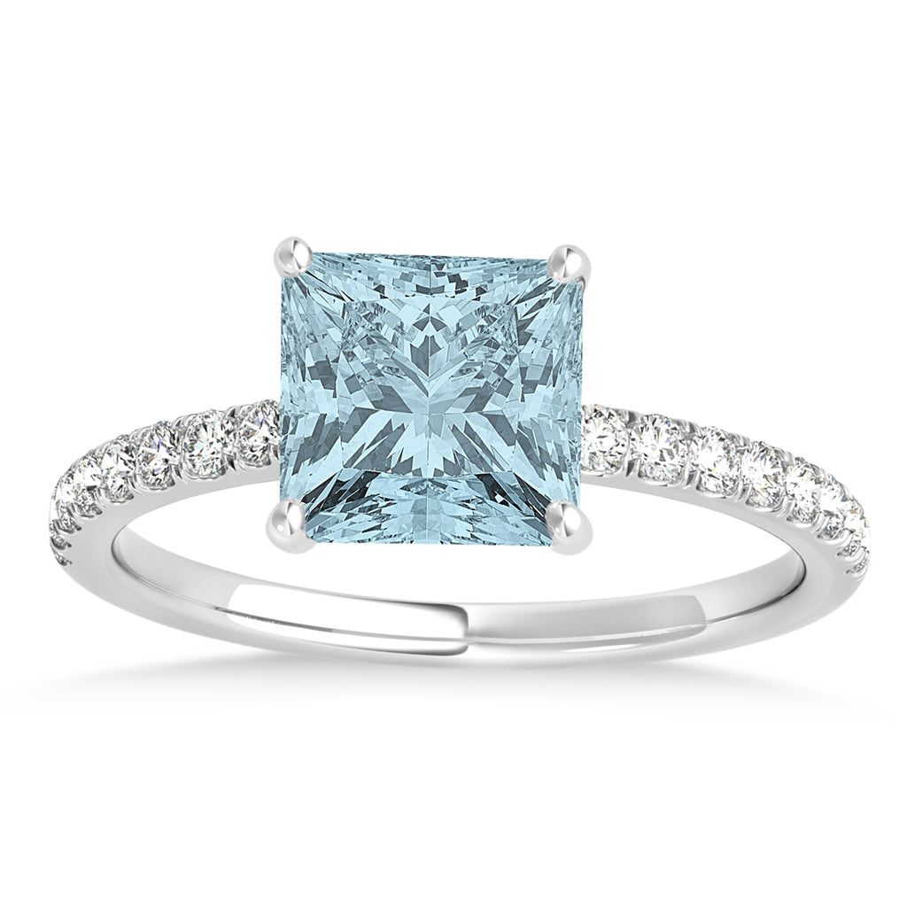 Princess Aquamarine & Diamond Single Row Hidden Halo Engagement Ring 18k White Gold (0.81ct)