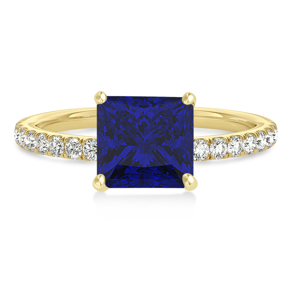 Princess Blue Sapphire & Diamond Single Row Hidden Halo Engagement Ring 14k Yellow Gold (0.81ct)