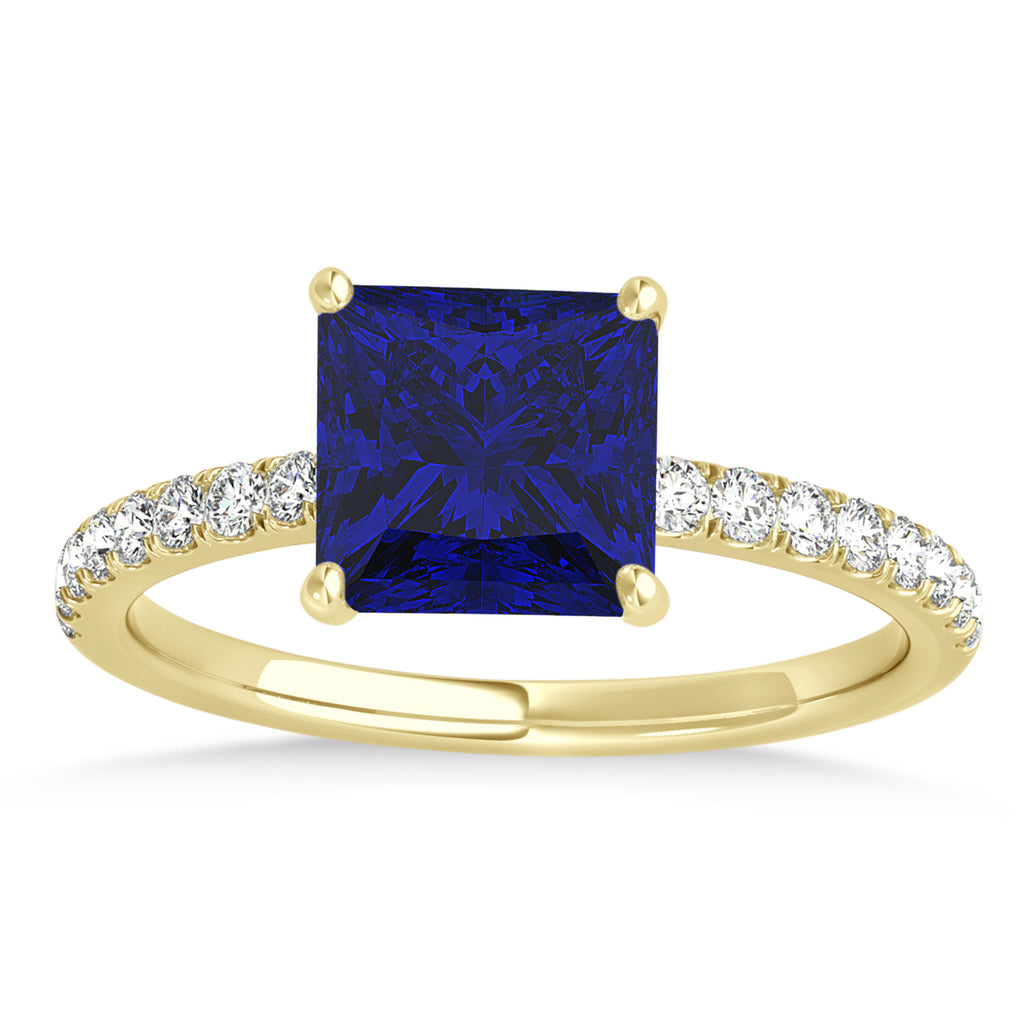 Princess Blue Sapphire & Diamond Single Row Hidden Halo Engagement Ring 14k Yellow Gold (0.81ct)