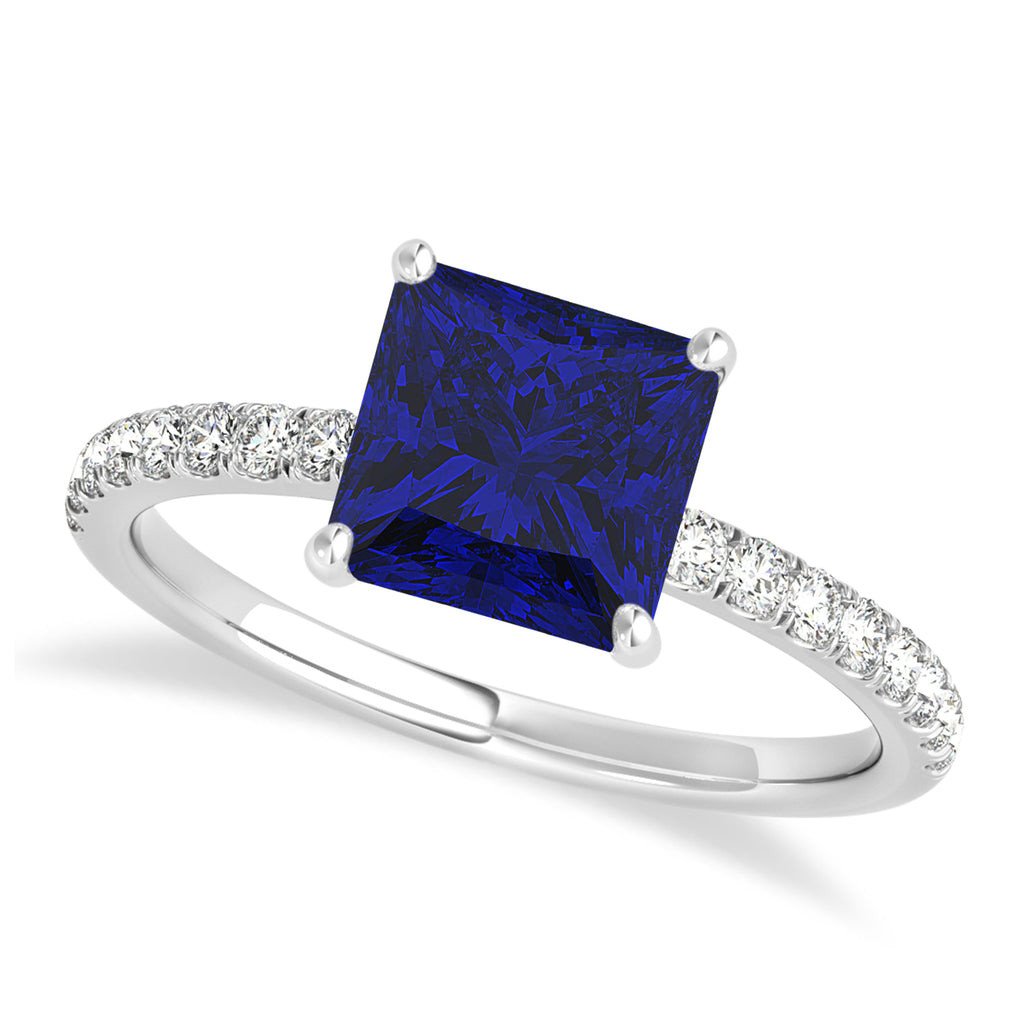 Princess Blue Sapphire & Diamond Single Row Hidden Halo Engagement Ring 18k White Gold (0.81ct)
