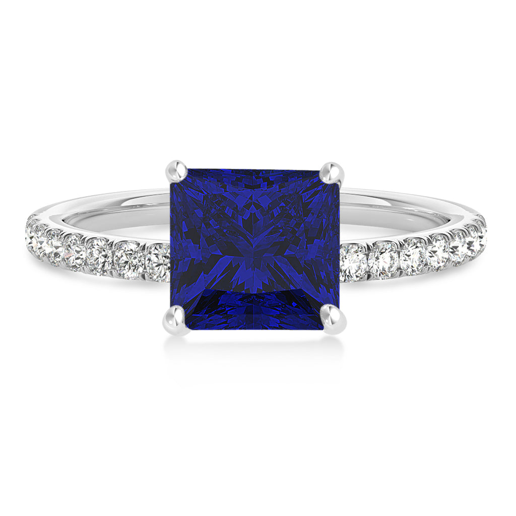 Princess Blue Sapphire & Diamond Single Row Hidden Halo Engagement Ring 18k White Gold (0.81ct)