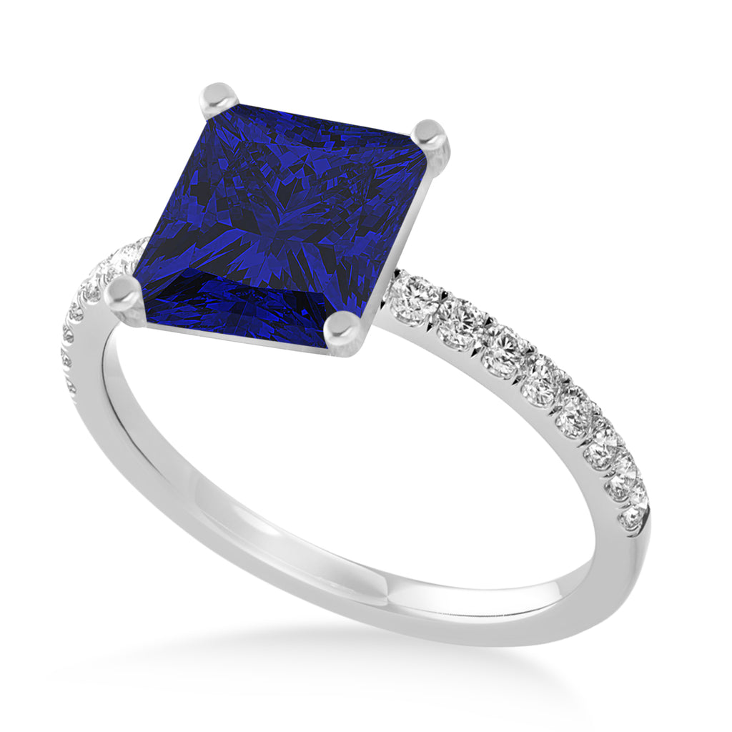 Princess Blue Sapphire & Diamond Single Row Hidden Halo Engagement Ring 18k White Gold (0.81ct)