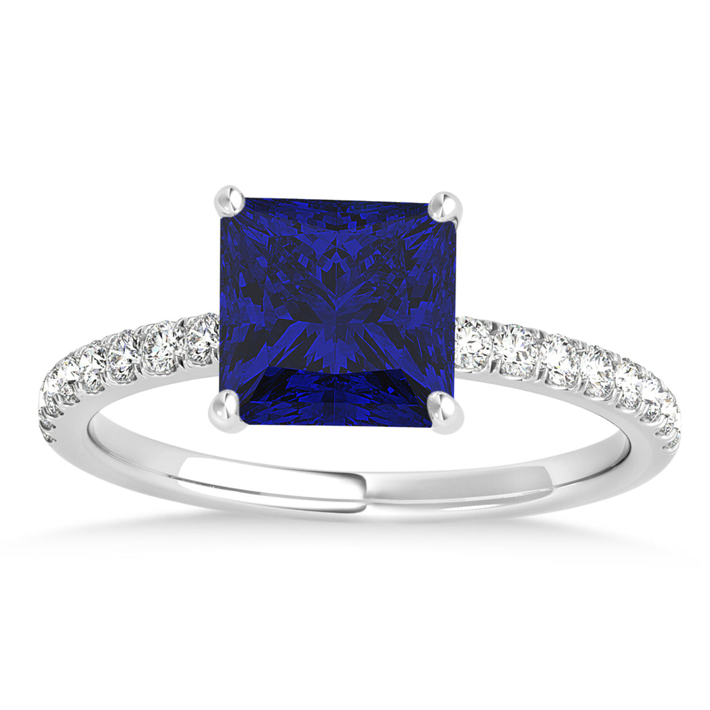 Princess Blue Sapphire & Diamond Single Row Hidden Halo Engagement Ring 18k White Gold (0.81ct)