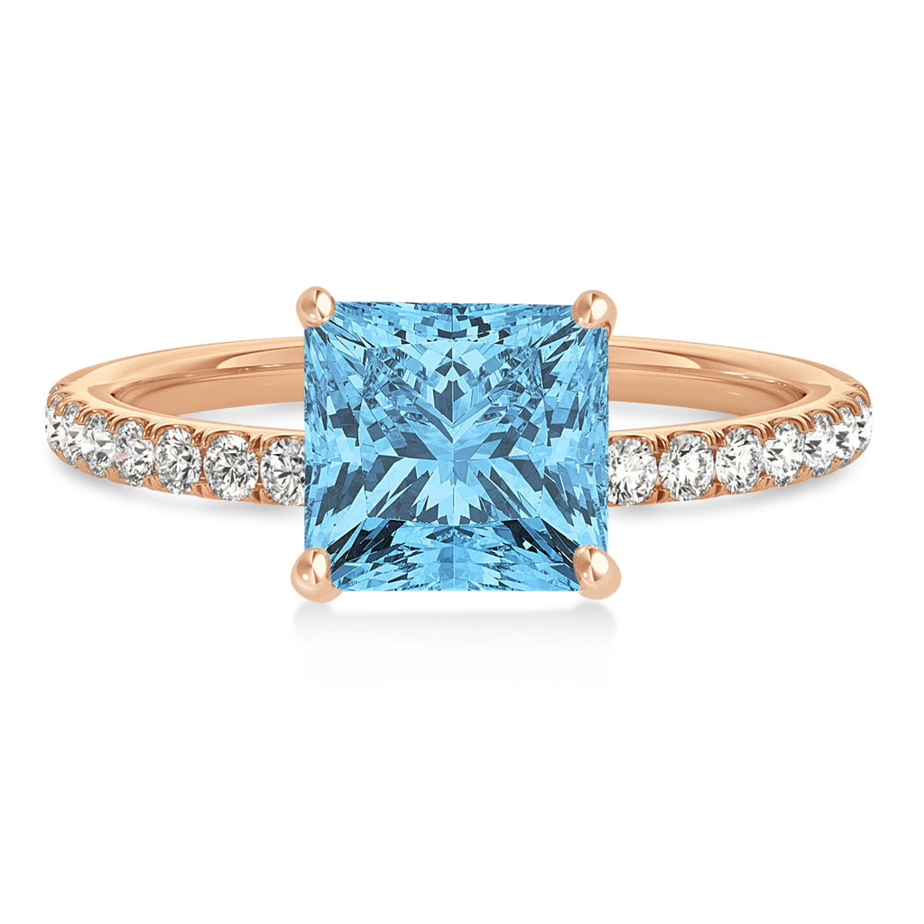 Princess Blue Topaz & Diamond Single Row Hidden Halo Engagement Ring 14k Rose Gold (0.81ct)