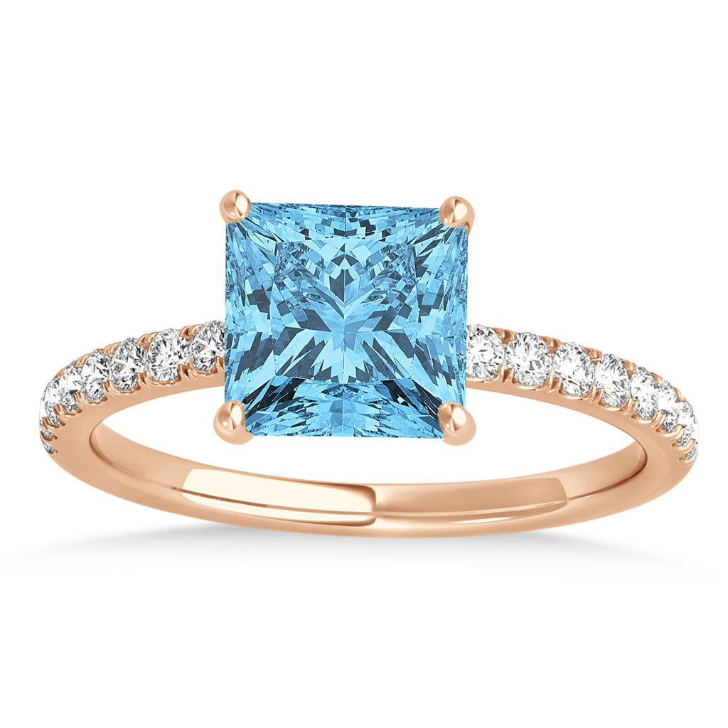 Princess Blue Topaz & Diamond Single Row Hidden Halo Engagement Ring 14k Rose Gold (0.81ct)