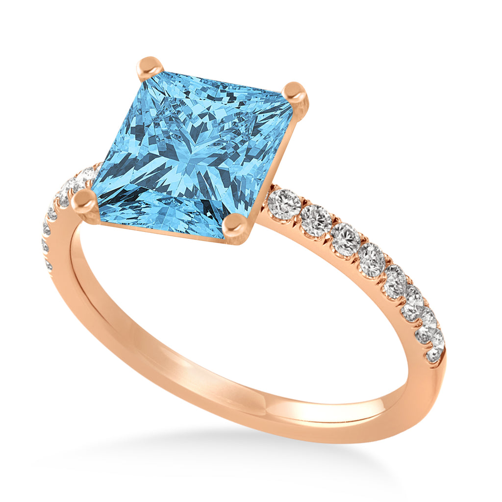 Princess Blue Topaz & Diamond Single Row Hidden Halo Engagement Ring 18k Rose Gold (0.81ct)