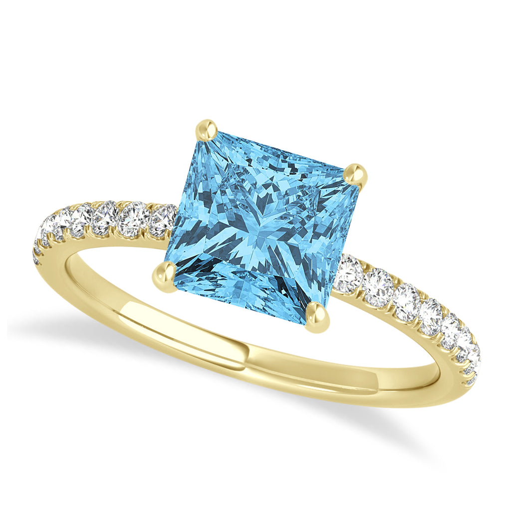 Princess Blue Topaz & Diamond Single Row Hidden Halo Engagement Ring 18k Yellow Gold (0.81ct)