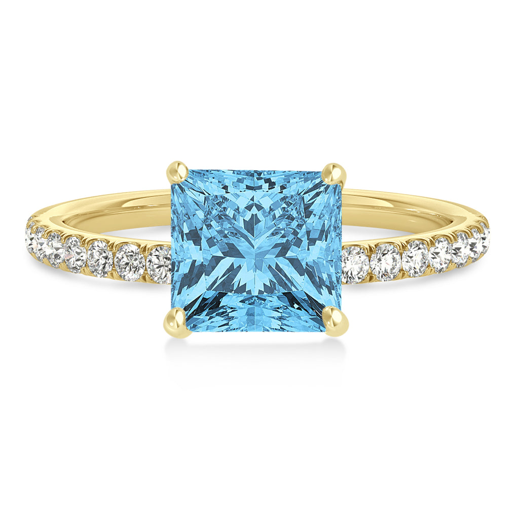 Princess Blue Topaz & Diamond Single Row Hidden Halo Engagement Ring 18k Yellow Gold (0.81ct)